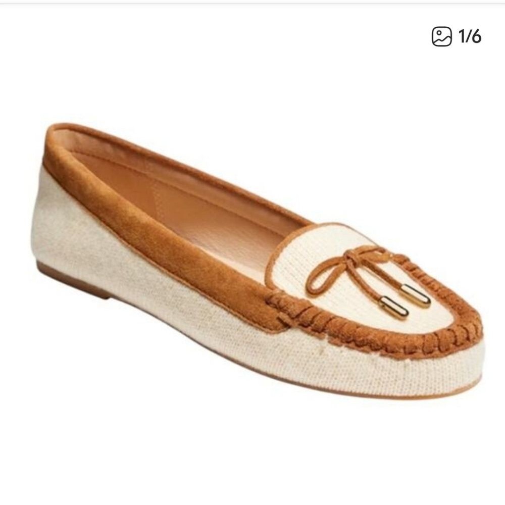 Jack Rogers Millie Bow Moccasins In Natural/Oak Colors Knit Fabric w Suede Trim
